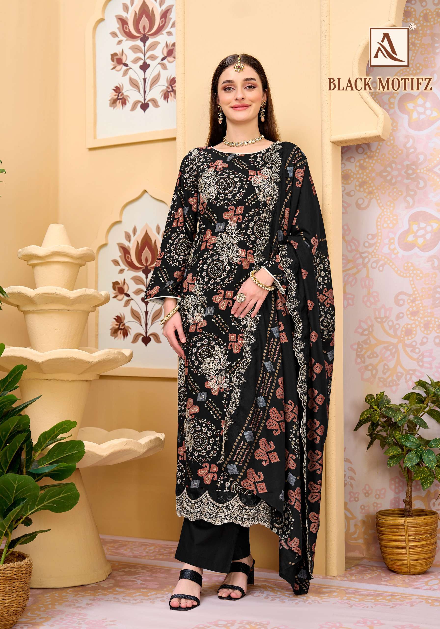 ALOK SUIT BLACK MOTIFZ REYON DISCHARGE FOIL PRINT BLACK COLOR SALWAR KAMEEZ LOW RATE SUPPLIER